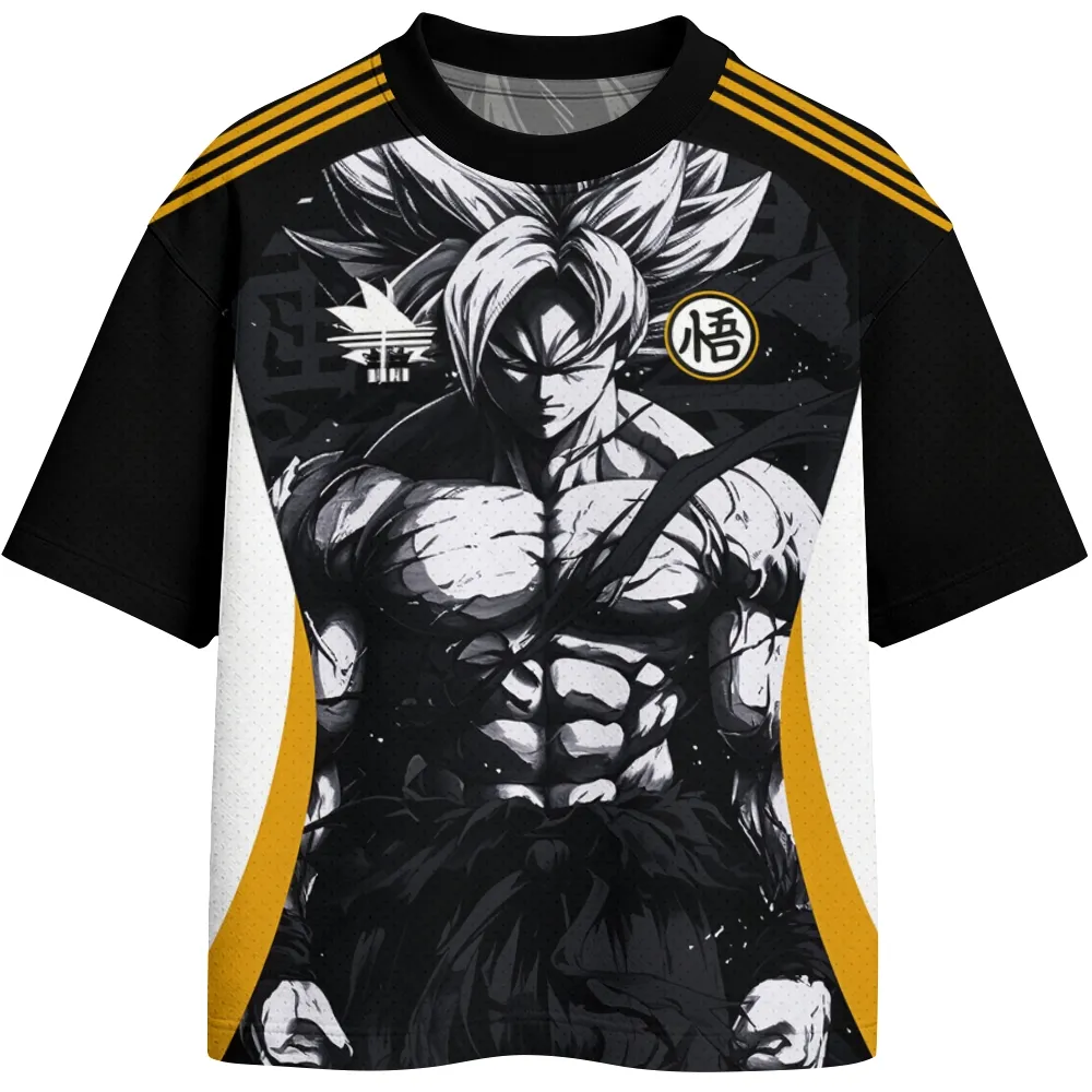 Dragon Ball Z Son Goku Football Jersey, Ultra Instinct Kanji Crest Crew Neck Soccer Jersey Shirt, Black White Gold Anime Sports Tee
