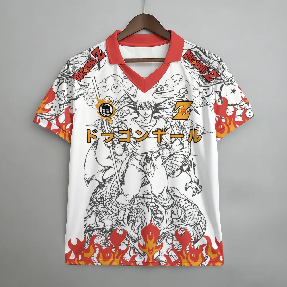 Dragon Ball Z Kid Goku Power Pole Shenron Football Jersey, Kame Kanji Anime Collared V-Neck Jersey Shirt, White Red Orange Flame Line Tee