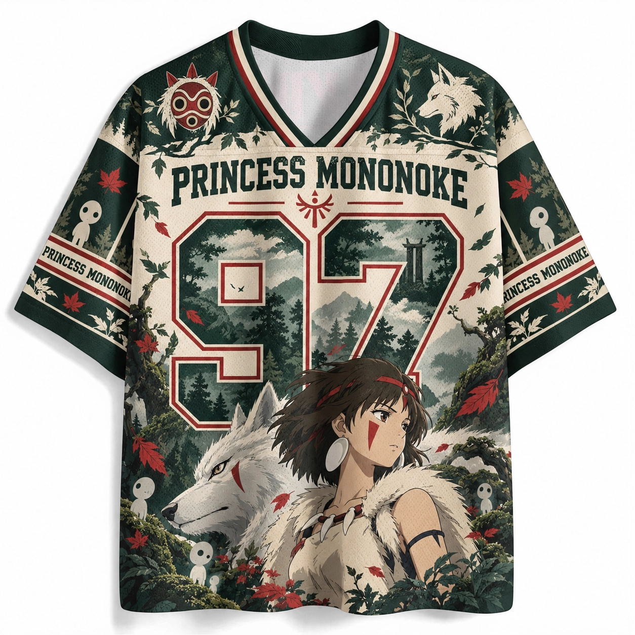 Princess Mononoke San and Moro Wolf Football Jersey, Studio Ghibli Number 97 Forest Green and Cream Anime V-Neck Jersey Shirt, Kodama Spirits Tee