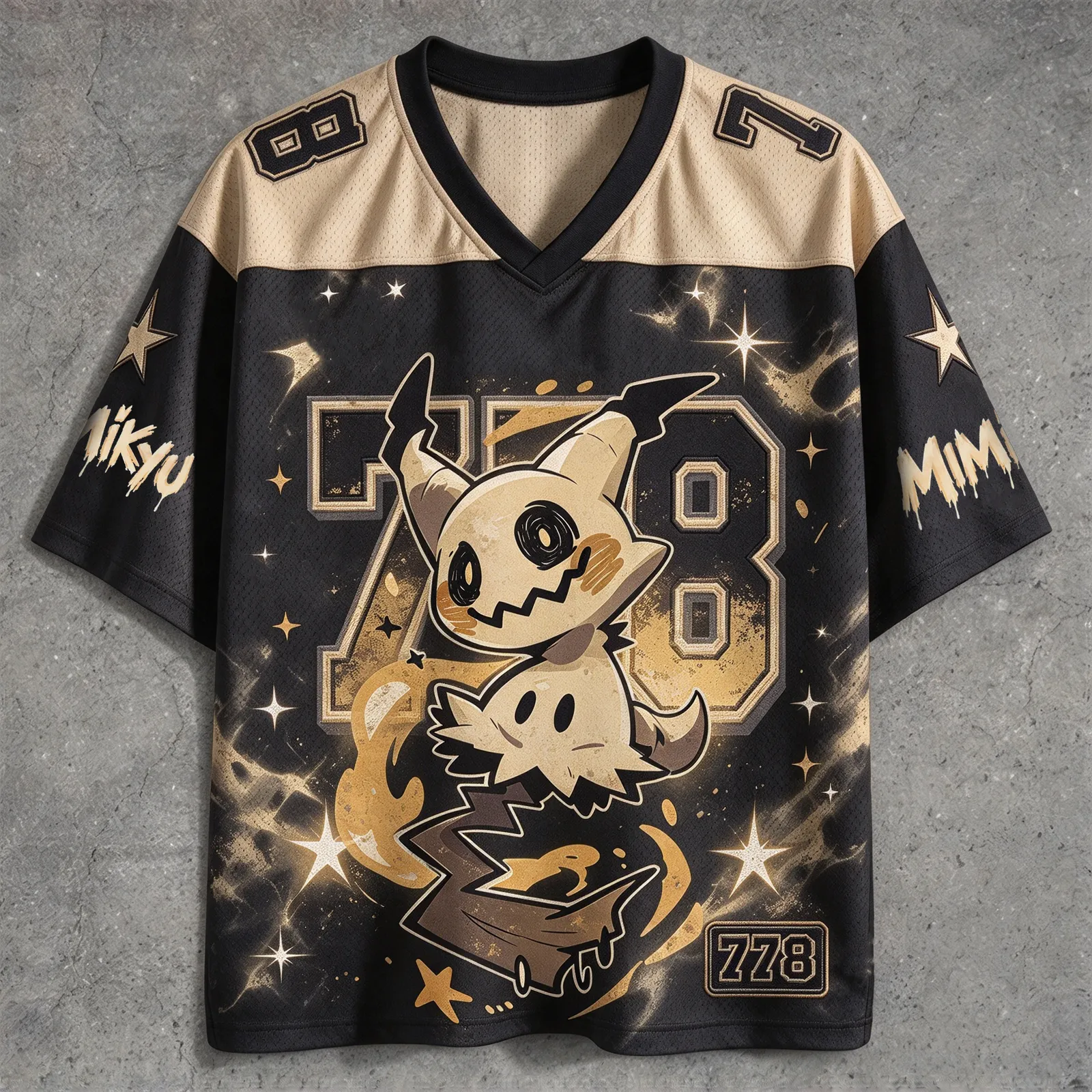 Pokemon Mimikyu Football Jersey, Black and Cream Ghost Fairy Type V-Neck Jersey Shirt with Number 778, Sparkle Star Cute Anime Fan Tee