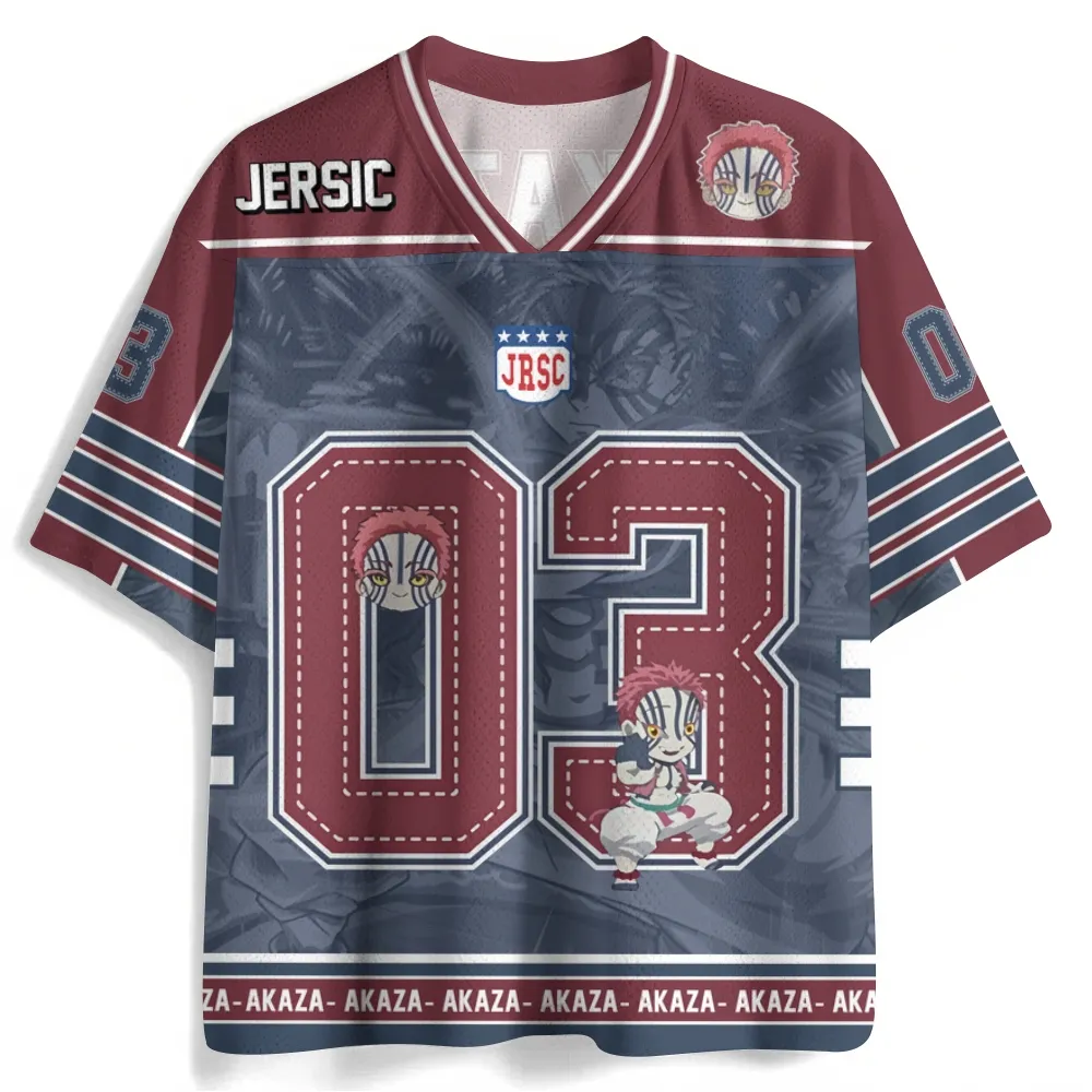 Demon Slayer Akaza Football Jersey, Upper Rank Three 03 Anime V-Neck Jersey Shirt, Maroon and Slate Blue Sports Tee for Kimetsu Fans