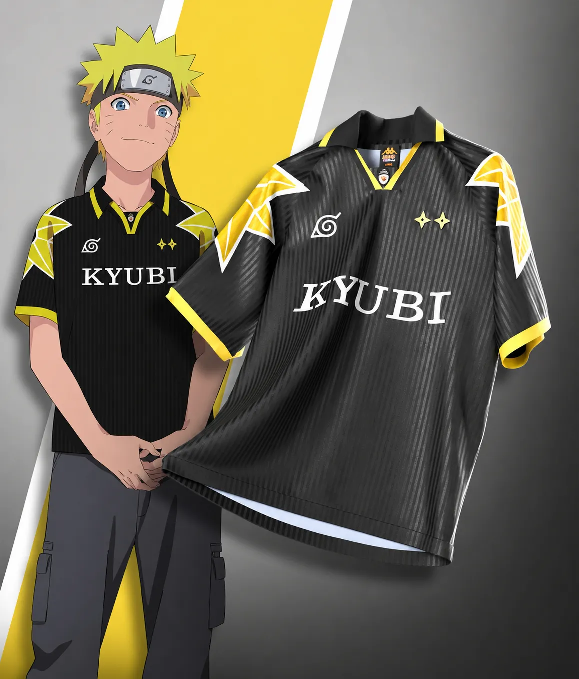 Naruto Uzumaki Kyubi Football Jersey, Nine Tails Hidden Leaf Symbol Gold Flame Shoulders Anime Collared Jersey Shirt, Black Yellow Soccer Tee