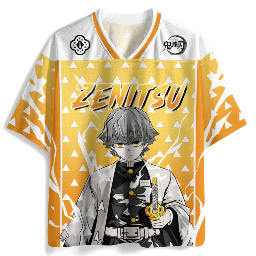 Demon Slayer Zenitsu Agatsuma Football Jersey, Thunder Breathing Yellow Triangle Pattern Anime V-Neck Jersey Shirt, Orange White Tee