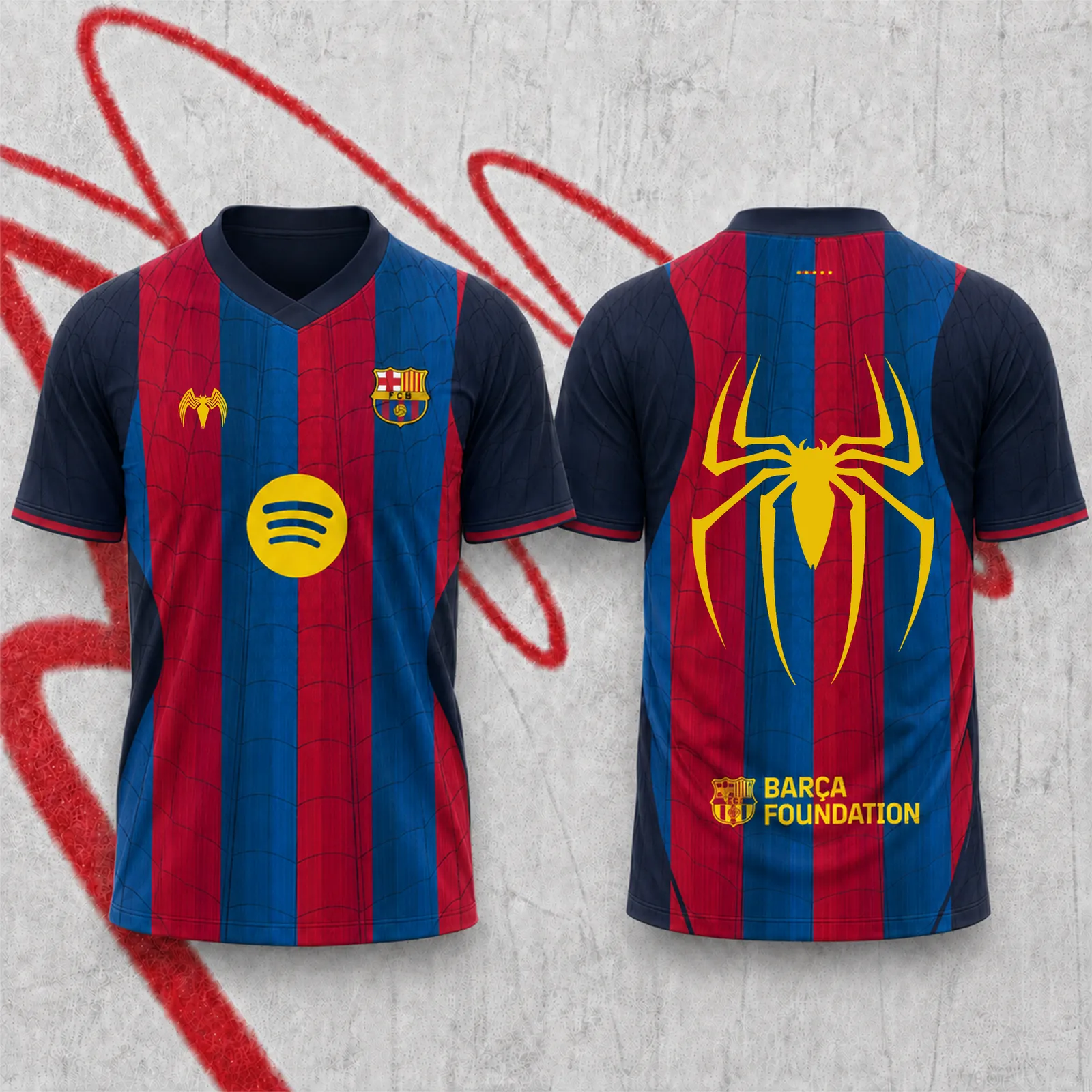 FC Barcelona Spider-Man Football Jersey, Gold Arachnid Emblem Web Pattern Crew Neck Jersey Shirt, Blue Garnet Striped Soccer Style Tee for Fans