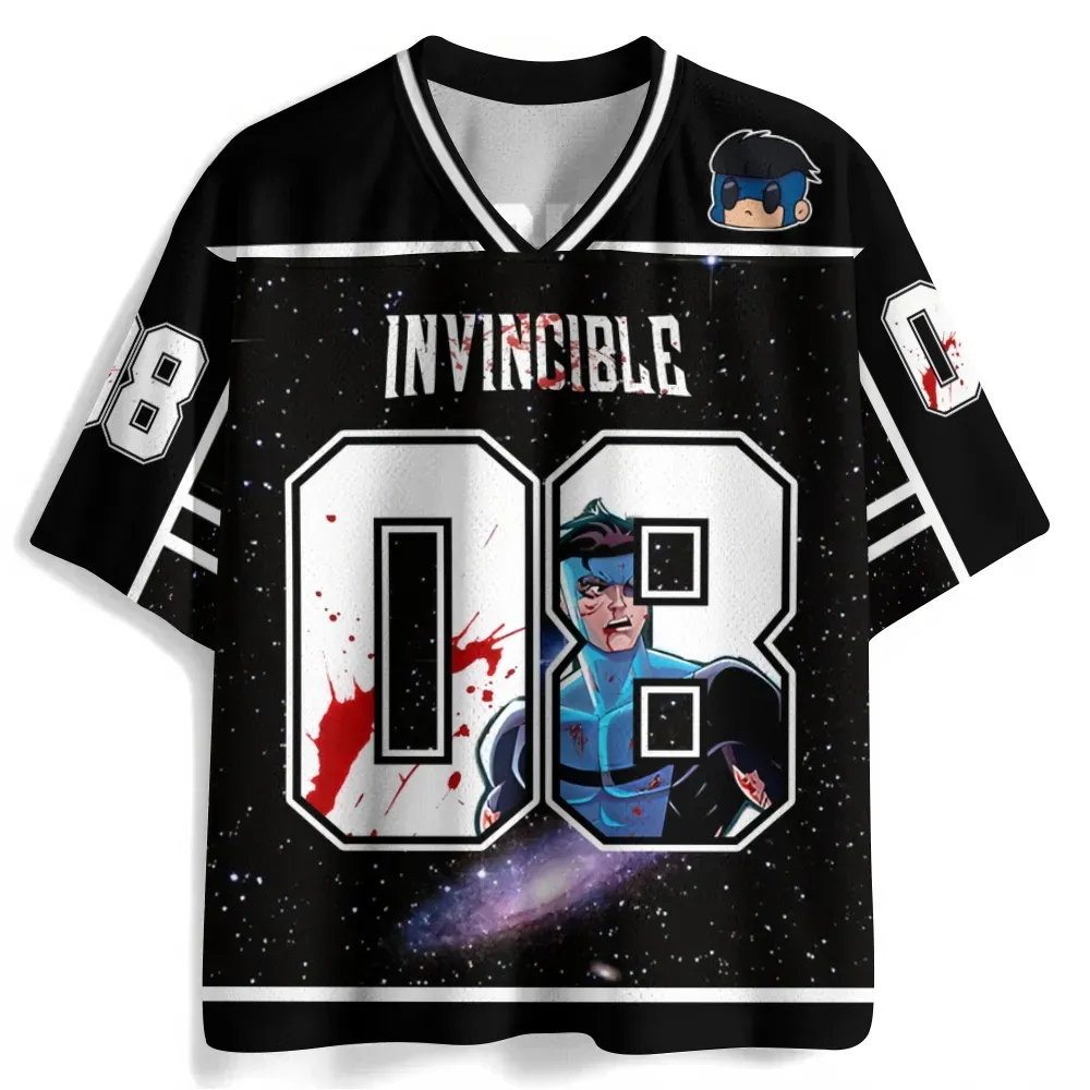 Invincible Mark Grayson Football Jersey, Battle Damaged Hero 08 Superhero V-Neck Jersey Shirt, Black Galaxy Starfield Sports Tee for Comic Fans