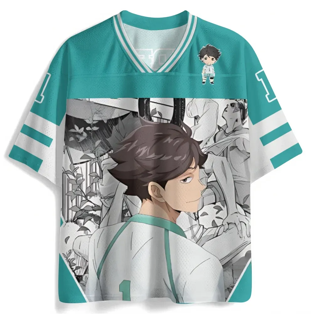 Haikyuu Toru Oikawa Football Jersey, Aoba Johsai Volleyball Captain Anime V-Neck Jersey Shirt, Teal White Number 1 Manga Panel Tee