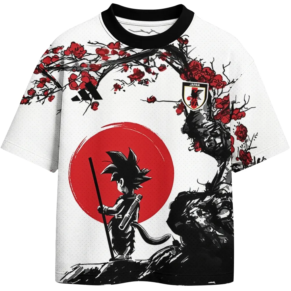 Dragon Ball Kid Goku Football Jersey, Power Pole Red Sun Cherry Blossom Crew Neck Anime Jersey Shirt, White Red Black Ink Tee for DBZ Fans