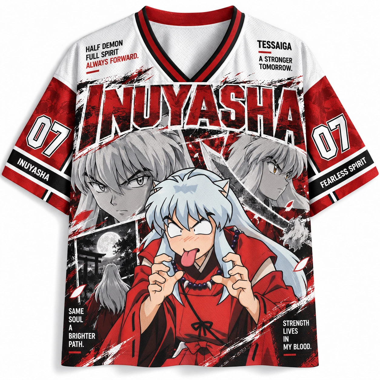 Inuyasha Half Demon Football Jersey, Number 07 Fearless Spirit Silver Hair Dog Ears Anime V-Neck Jersey Shirt, White Red Black Sports Tee