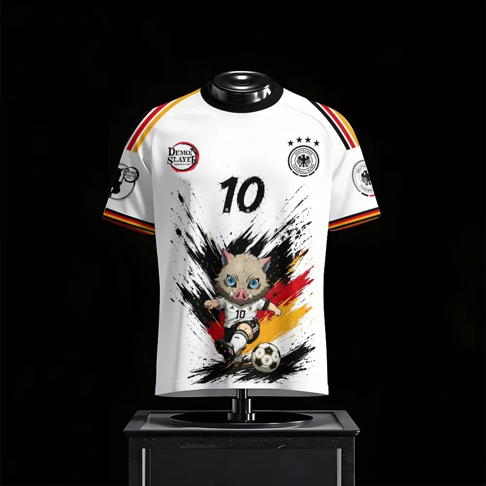 Demon Slayer Inosuke Hashibira Football Jersey, Number 10 Soccer Style Crew Neck Jersey Shirt, White Black Red Gold Anime Tee for Fans