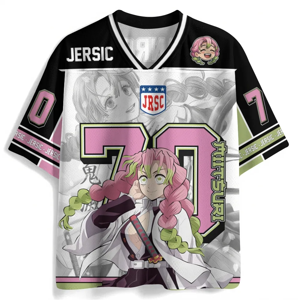 Demon Slayer Mitsuri Kanroji Football Jersey, Love Hashira Number 70 Anime V-Neck Jersey Shirt, Pink Black White Mesh Tee for Fans