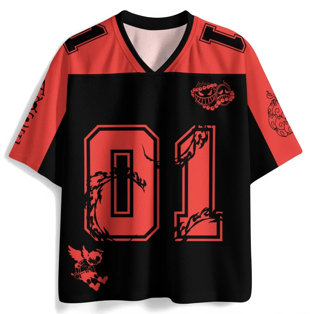 One Piece Portgas D. Ace Football Jersey, Whitebeard Pirates Anime V-Neck Jersey Shirt, Black and Red Number 01 Mera Mera Fan Tee