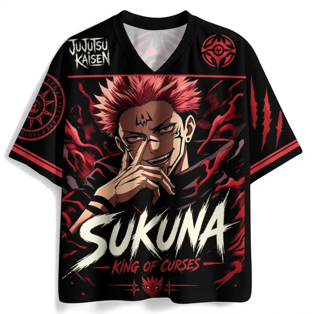 Jujutsu Kaisen Ryomen Sukuna Football Jersey, King of Curses Anime V-Neck Jersey Shirt, Black Red Malevolent Shrine Tee for Sorcerer Fans