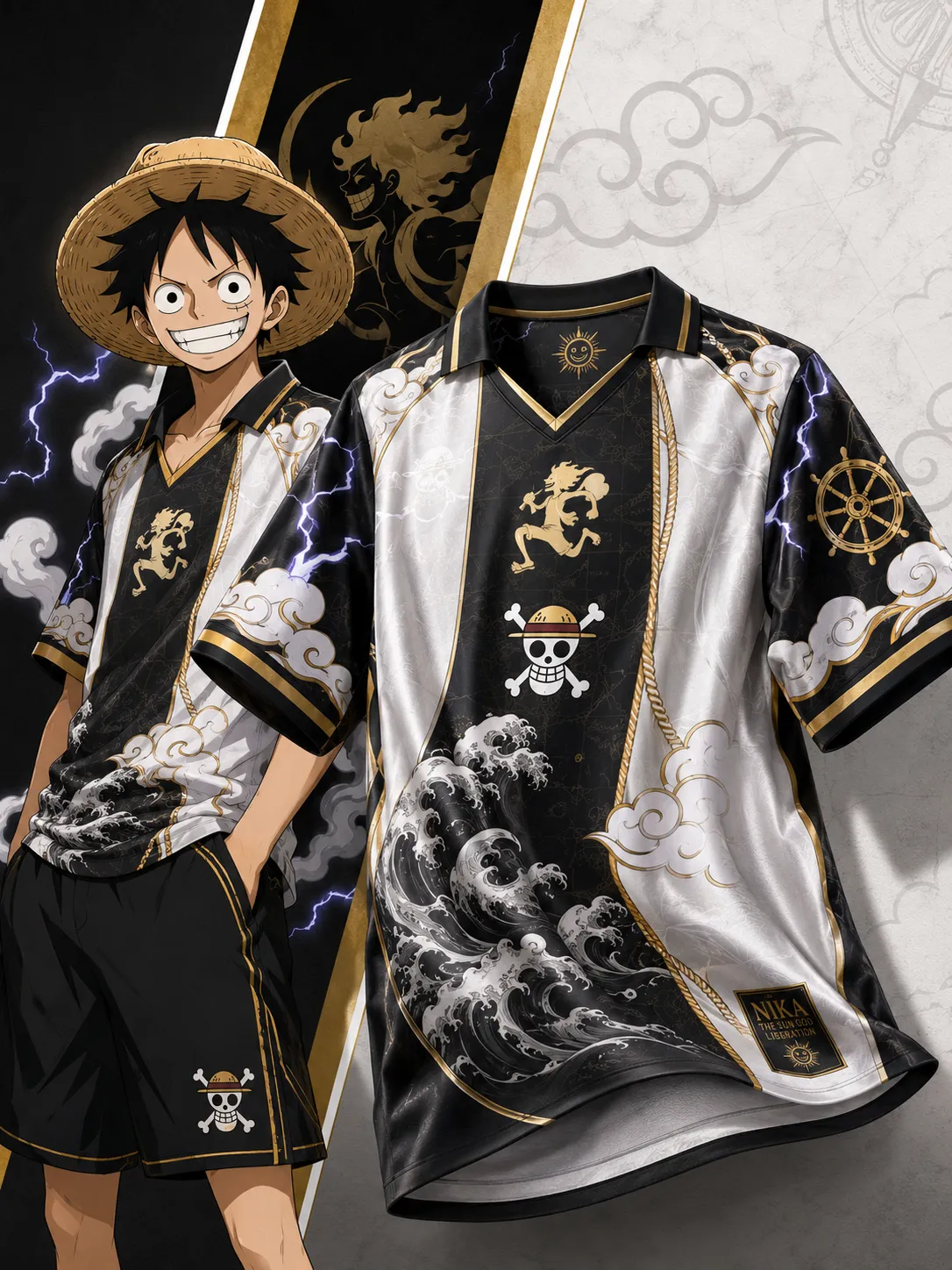 One Piece Luffy Gear 5 Nika Football Jersey, Straw Hat Jolly Roger Great Wave Anime Soccer Style Jersey Shirt, Black White and Gold Sports Tee