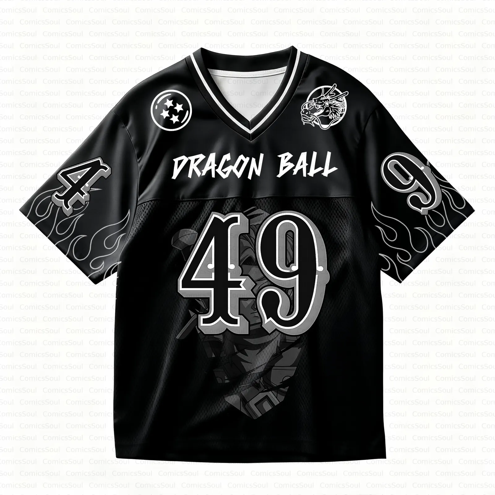 Dragon Ball Z Future Trunks Football Jersey, Saiyan Prince Son Anime V-Neck Jersey Shirt, Black Silver Number 49 Four Star Emblem Tee
