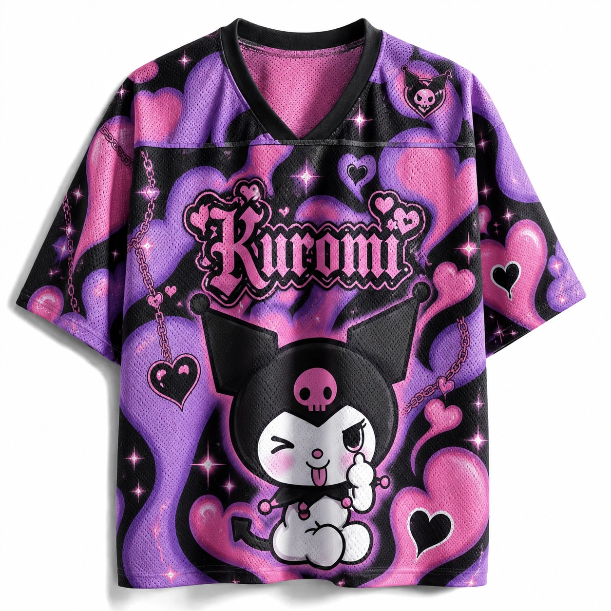 Sanrio Kuromi Football Jersey, Winking Pink and Purple Hearts Gothic Kawaii V-Neck Jersey Shirt, Black and Lavender Sports Tee for Girls