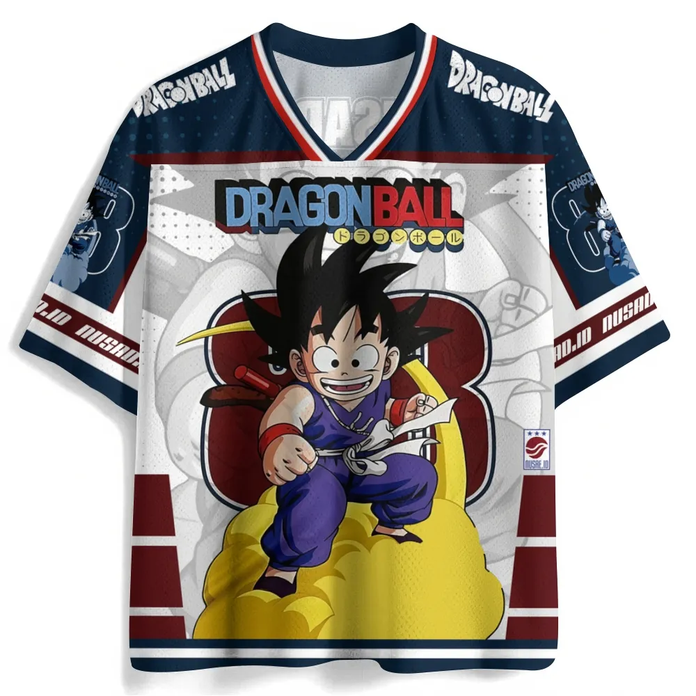 Dragon Ball Kid Goku Football Jersey, Flying Nimbus Number 8 Power Pole Anime V-Neck Jersey Shirt, Navy White Maroon Sports Tee for Fans