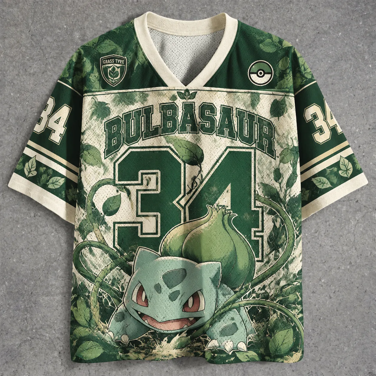 Pokémon Bulbasaur Football Jersey, Number 34 Grass Type Vines and Leaves Anime V-Neck Jersey Shirt, Forest Green and Cream Sports Tee