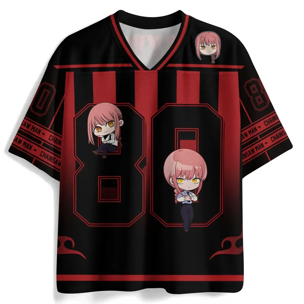 Chainsaw Man Makima Football Jersey, Number 80 Black and Red Striped Anime V-Neck Jersey Shirt, Chibi Public Safety Devil Hunter Sports Tee