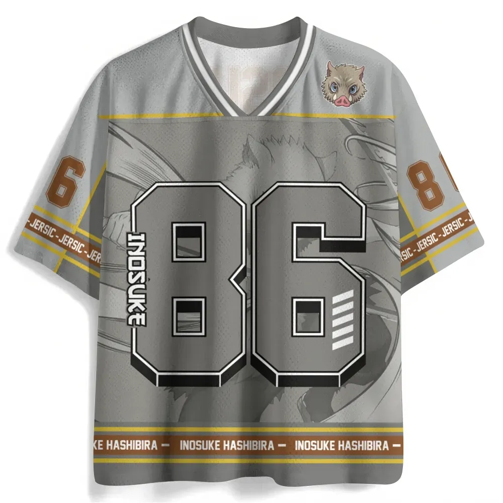 Demon Slayer Inosuke Hashibira Football Jersey, Boar Mask 86 Anime V-Neck Jersey Shirt, Grey Brown and Gold Sports Tee for Kimetsu Fans