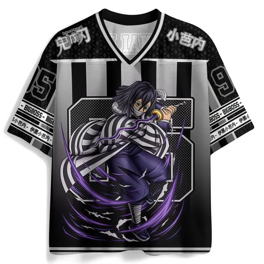 Demon Slayer Obanai Iguro Football Jersey, Serpent Hashira Number 95 Black White and Purple Striped Anime V-Neck Jersey Shirt, Kimetsu no Yaiba