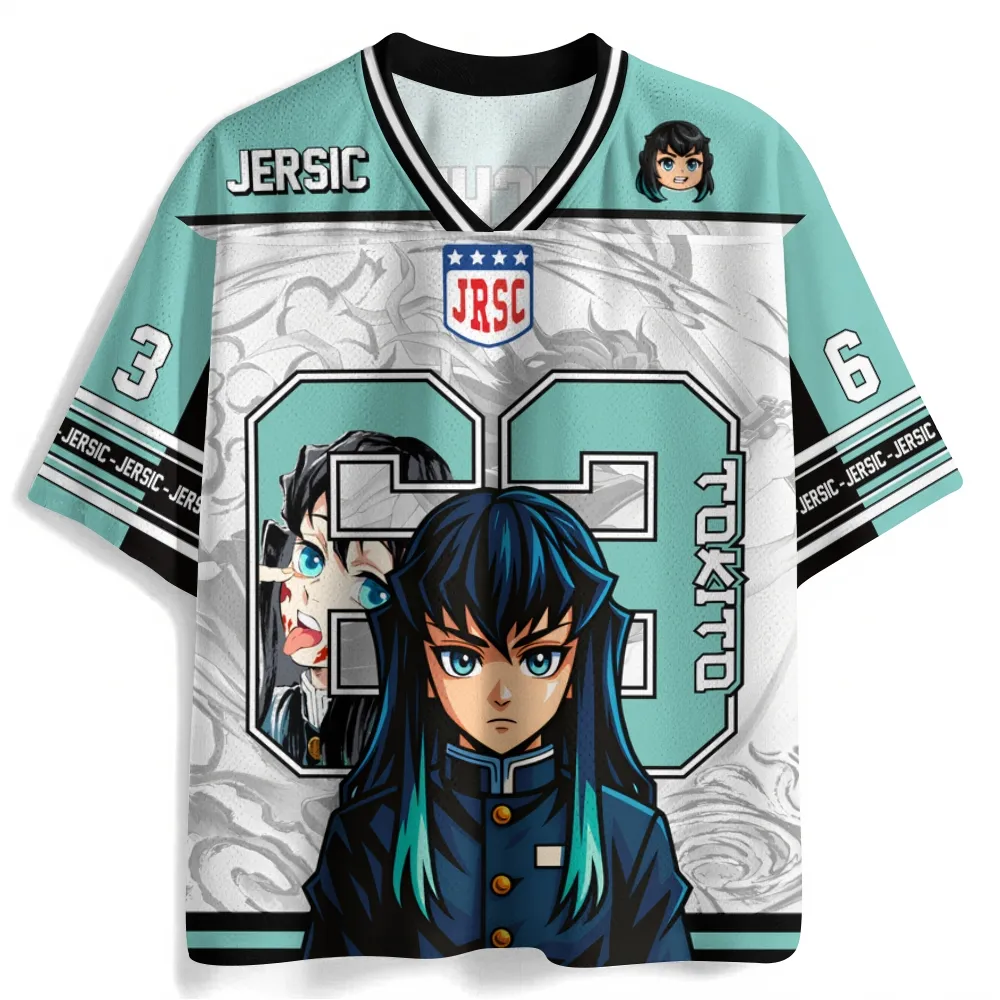 Demon Slayer Muichiro Tokito Football Jersey, Mist Hashira 63 Anime V-Neck Jersey Shirt, Mint and White Sports Tee for Kimetsu Fans