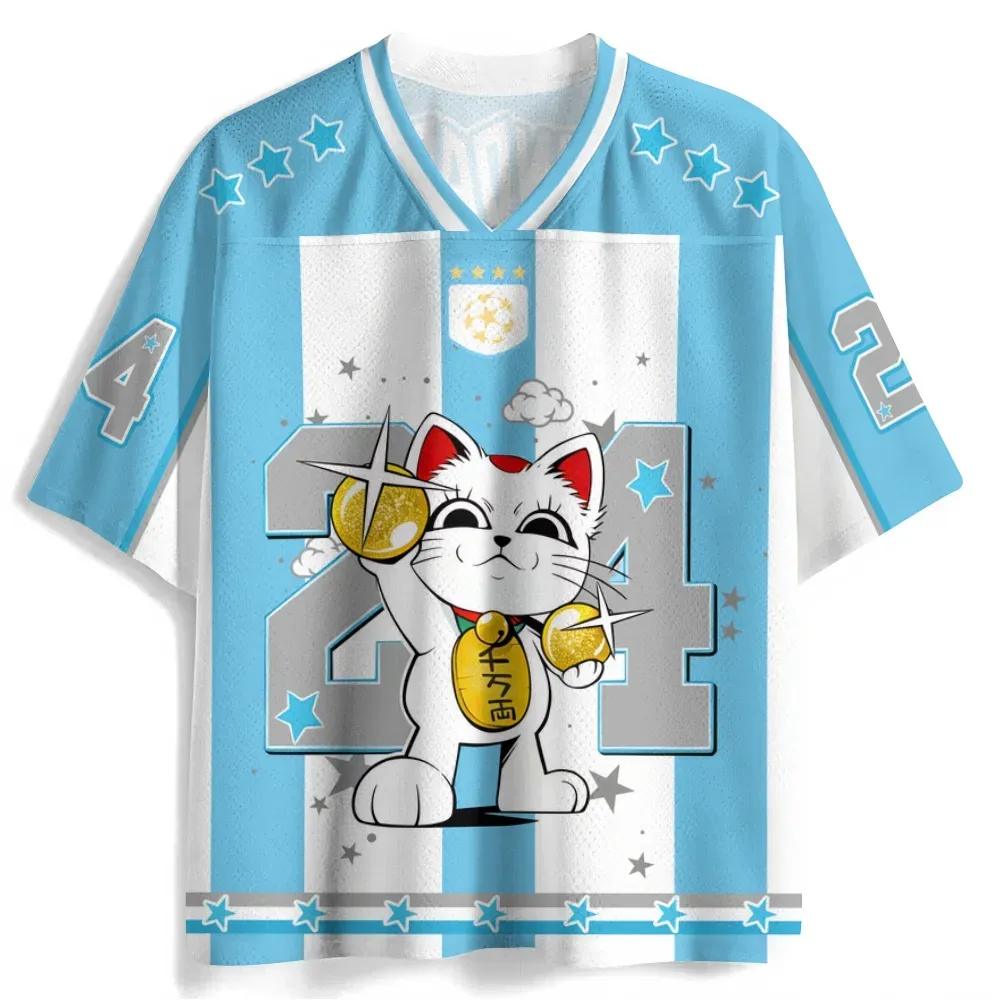Dandadan Lucky Cat Maneki Neko Football Jersey, Number 24 Anime V-Neck Jersey Shirt, Sky Blue and White Striped Star Print Sports Tee