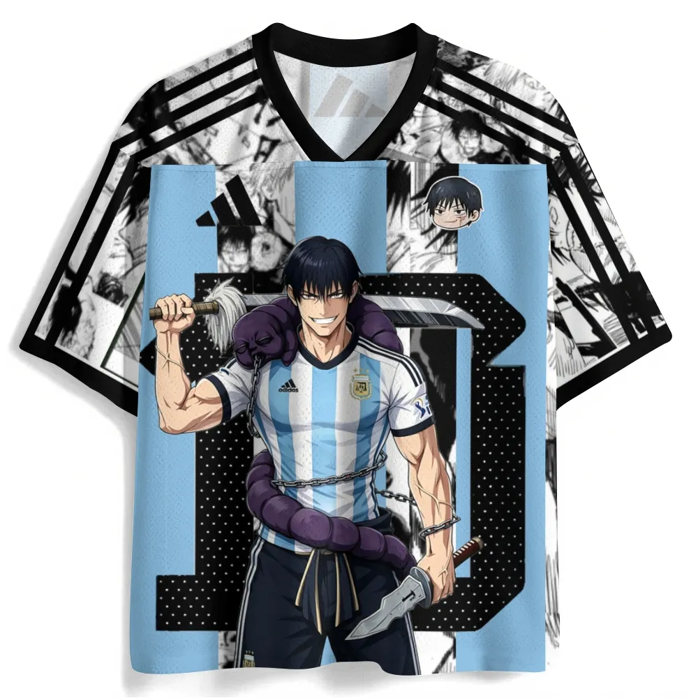 Jujutsu Kaisen Toji Fushiguro Football Jersey, Argentina Style Number 10 Anime V-Neck Soccer Jersey Shirt, Sky Blue White Manga Tee