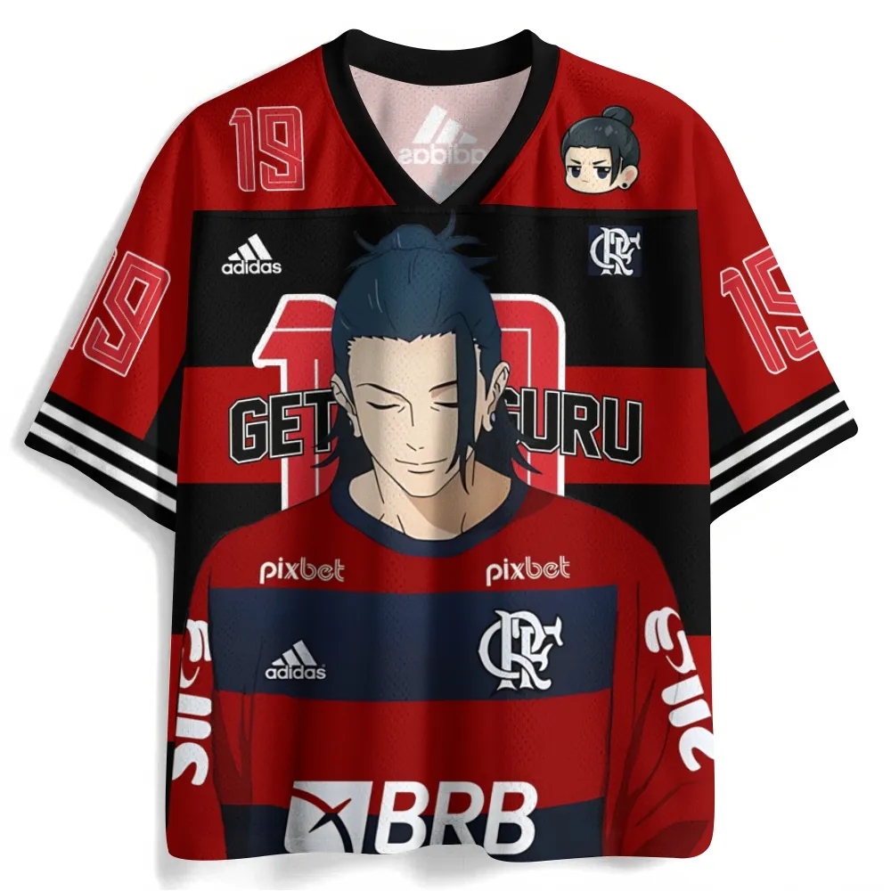 Jujutsu Kaisen Suguru Geto Football Jersey, Flamengo Style Number 19 Anime V-Neck Soccer Jersey Shirt, Red and Black Hoop Sports Tee