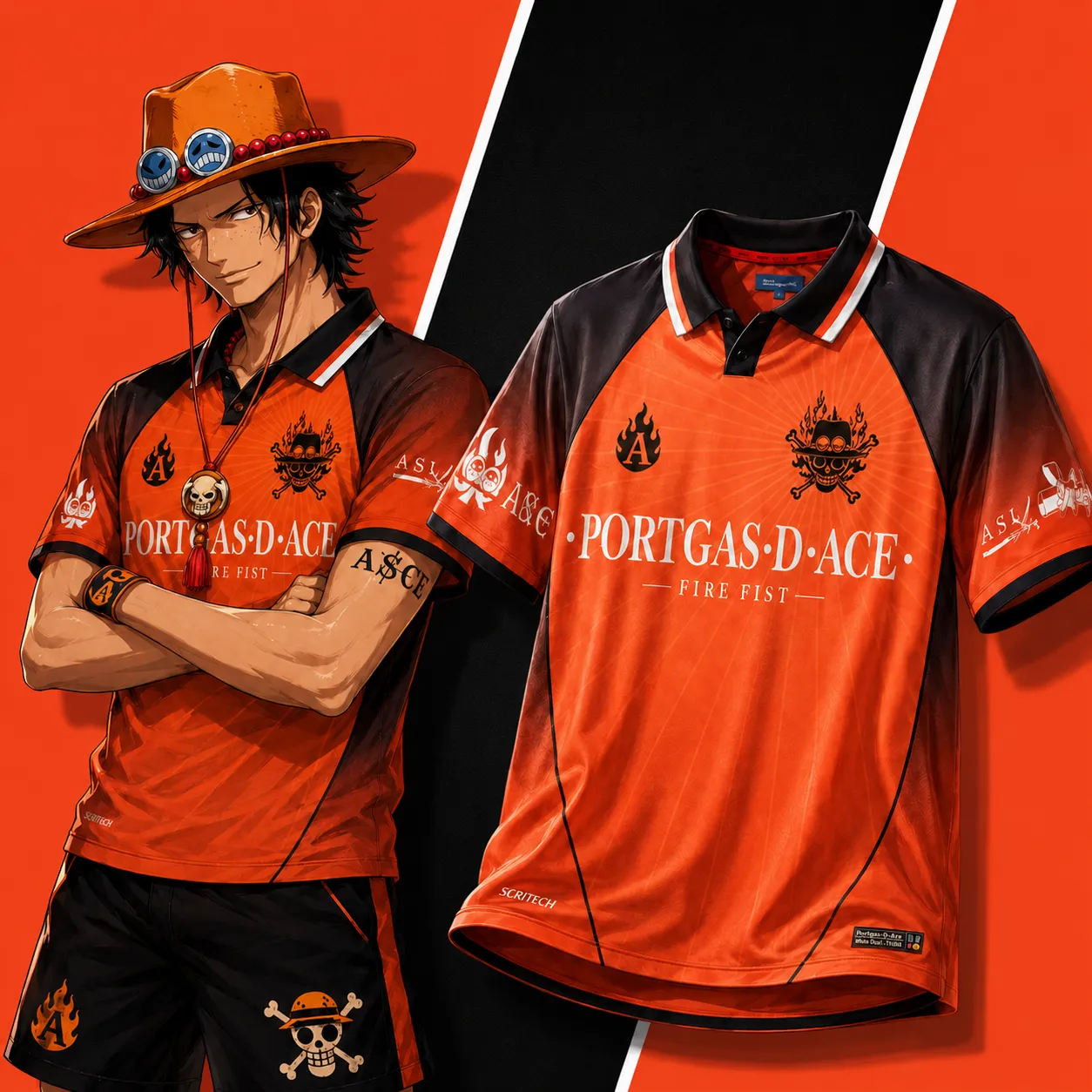 One Piece Portgas D Ace Football Jersey, Fire Fist Whitebeard Pirates Jolly Roger Anime Collared Jersey Shirt, Orange Black Soccer Tee
