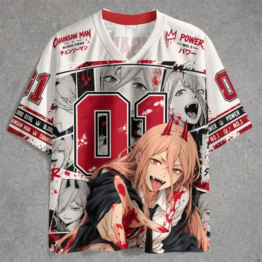 Chainsaw Man Power Blood Fiend Football Jersey, White and Red Splatter Manga Anime V-Neck Jersey Shirt with Number 01, Devil Horns Fan Tee