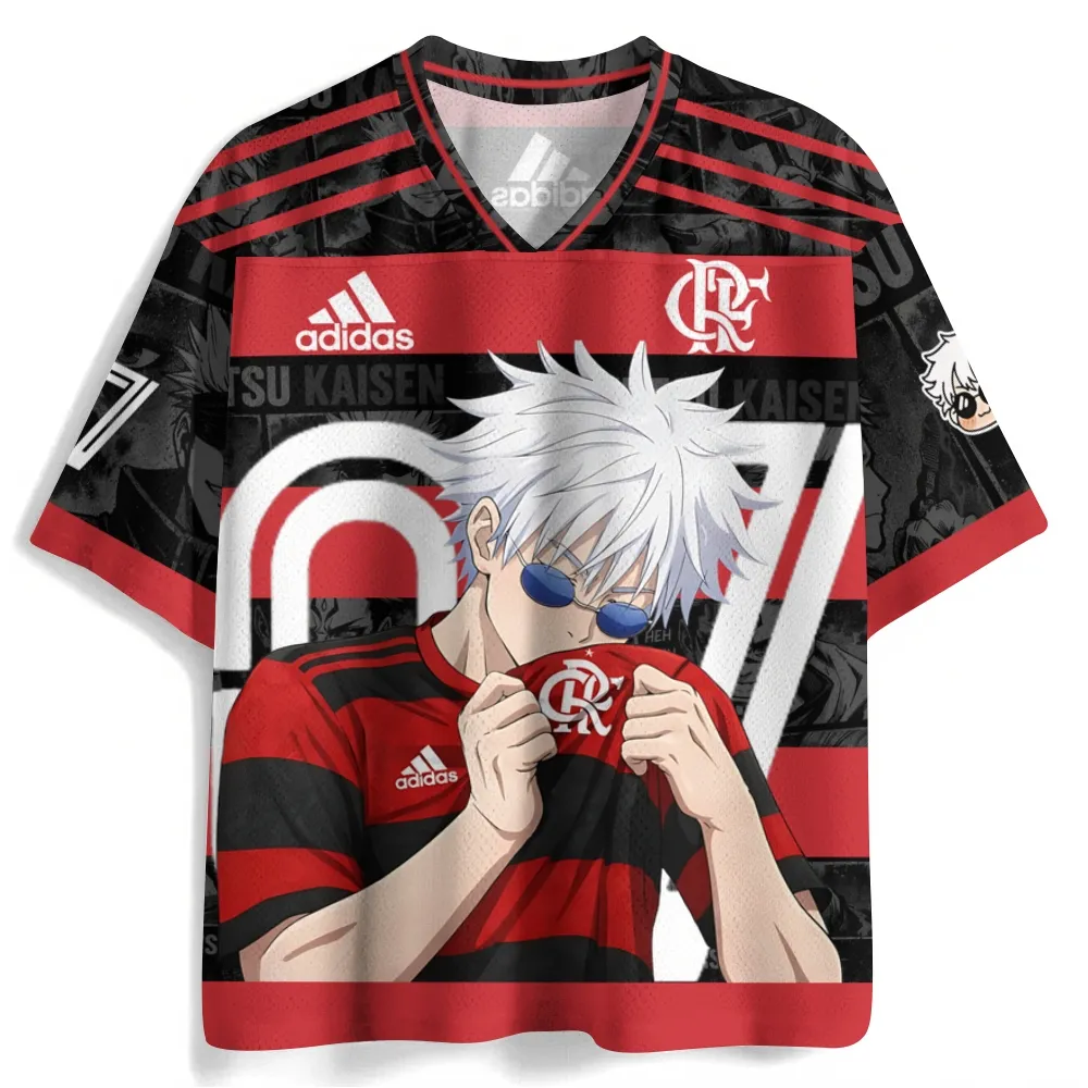 Jujutsu Kaisen Satoru Gojo Football Jersey, Flamengo Style Number 07 Anime V-Neck Soccer Jersey Shirt, Red Black Hoop Stripe Sports Tee
