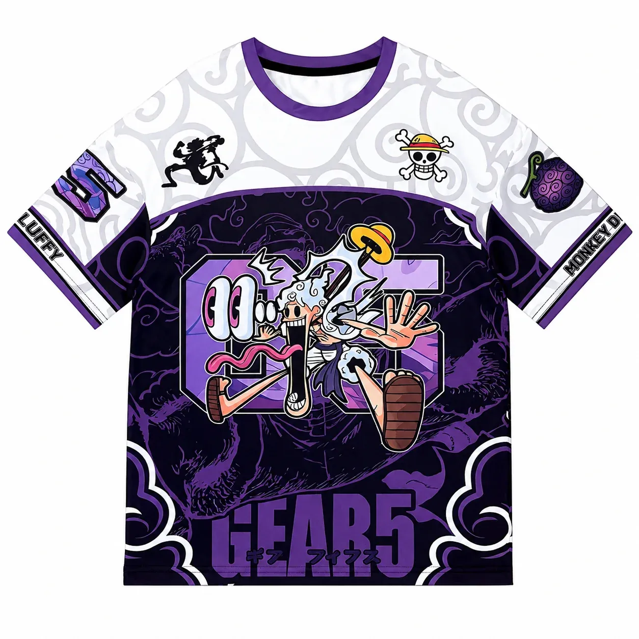 One Piece Gear 5 Monkey D Luffy Football Jersey, Sun God Nika Purple and White Anime Crew Neck Jersey Shirt, Mugiwara Sports Tee for Fans