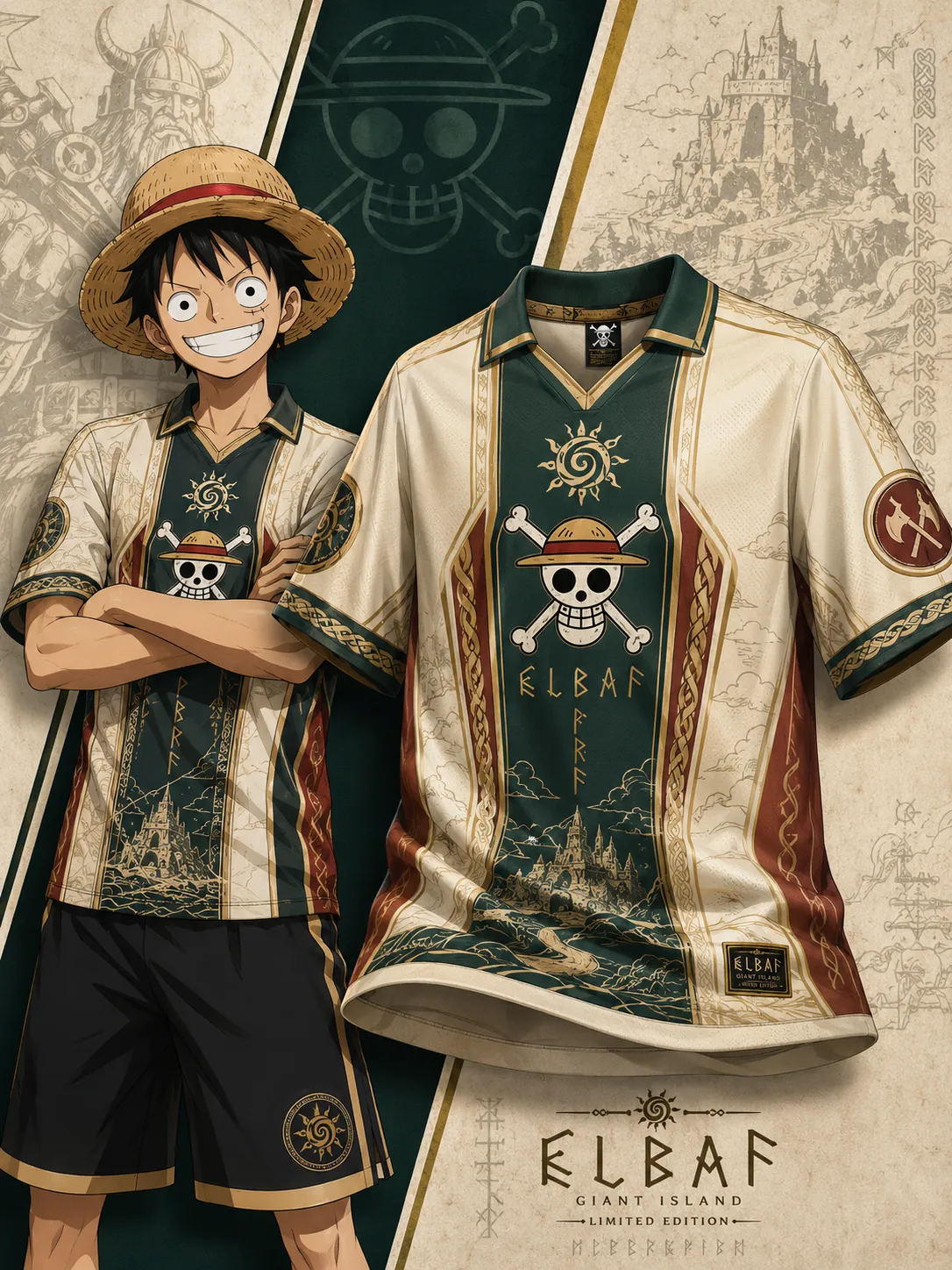 One Piece Luffy Elbaf Giant Island Football Jersey, Straw Hat Pirates Viking Anime Collared V-Neck Jersey Shirt, Cream Green Rust Tee