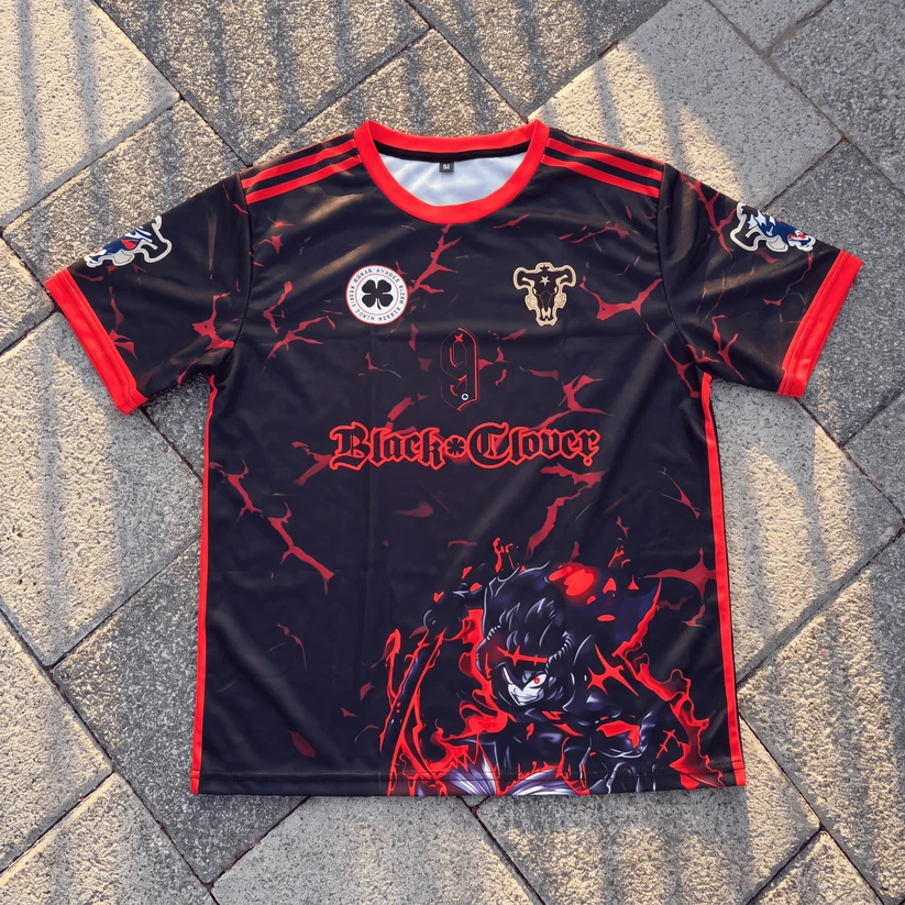 Black Clover Asta Football Jersey, Black Bulls Squad Number 9 Crew Neck Anime Jersey Shirt, Dark Red Crackle Print Tee for Magic Knight Fans