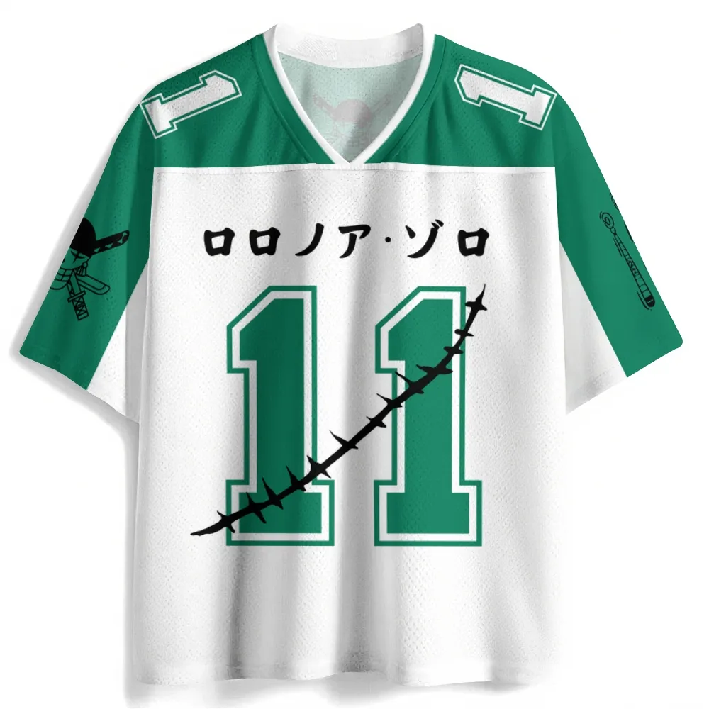One Piece Roronoa Zoro Football Jersey, Straw Hat Pirates Number 11 Anime V-Neck Jersey Shirt, Green White Mesh Tee for Pirate Hunter Fans
