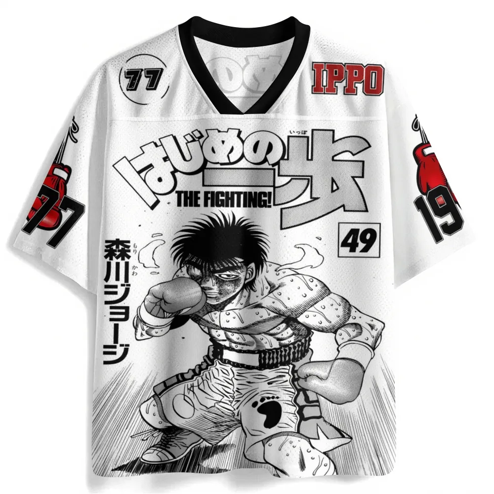 Hajime no Ippo Makunouchi Ippo Football Jersey, The Fighting Boxing Manga Number 49 Red Gloves Anime V-Neck Jersey Shirt, White Black Red Tee