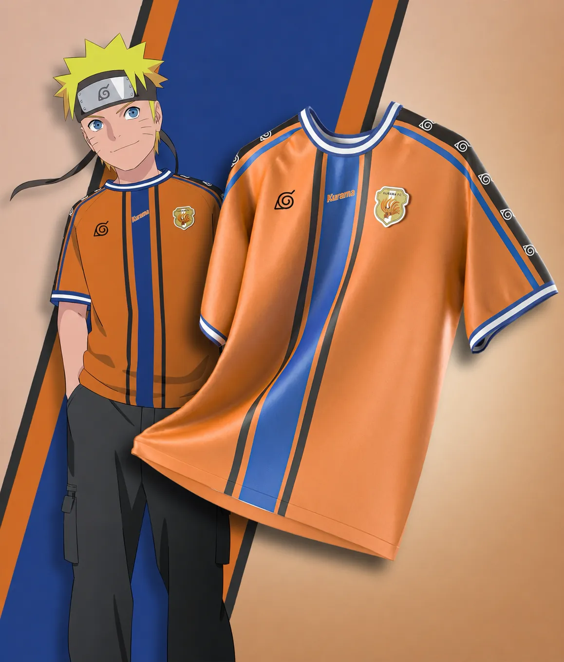 Naruto Uzumaki Football Jersey, Hidden Leaf Village Nine-Tails Kurama Crest Anime Crew Neck Jersey Shirt, Orange Blue Striped Tee