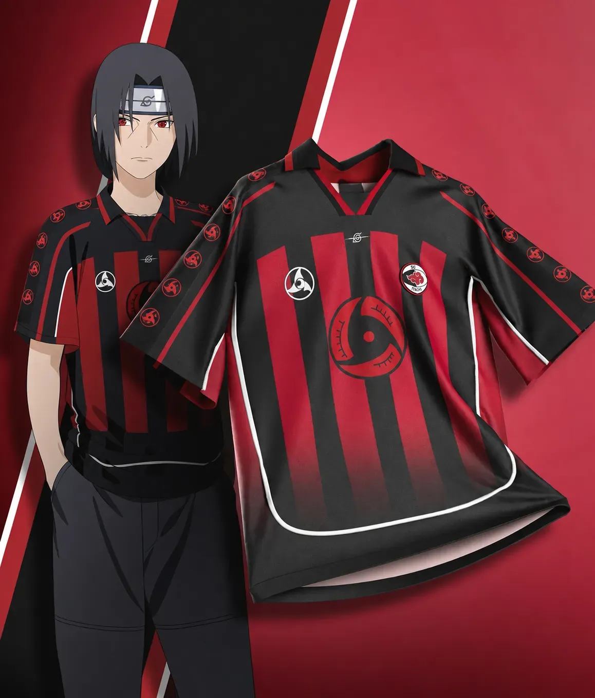 Naruto Itachi Uchiha Football Jersey, Akatsuki Cloud Mangekyo Sharingan Hidden Leaf Anime Collared Jersey Shirt, Black Red Striped Tee