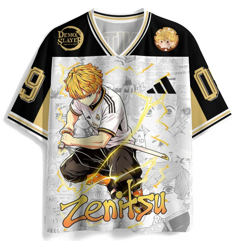 Demon Slayer Zenitsu Agatsuma Football Jersey, Real Madrid Style White Black and Gold Anime V-Neck Jersey Shirt, Number 09 Manga Fan Tee