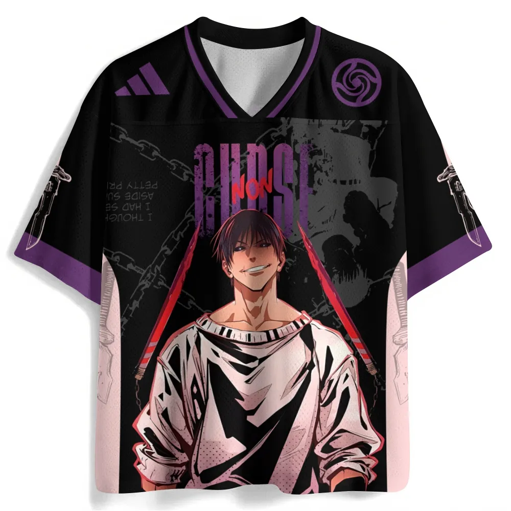 Jujutsu Kaisen Toji Fushiguro Zenin Football Jersey, Sorcerer Killer Chains Manga Art Anime V-Neck Jersey Shirt, Black Purple Pink Tee