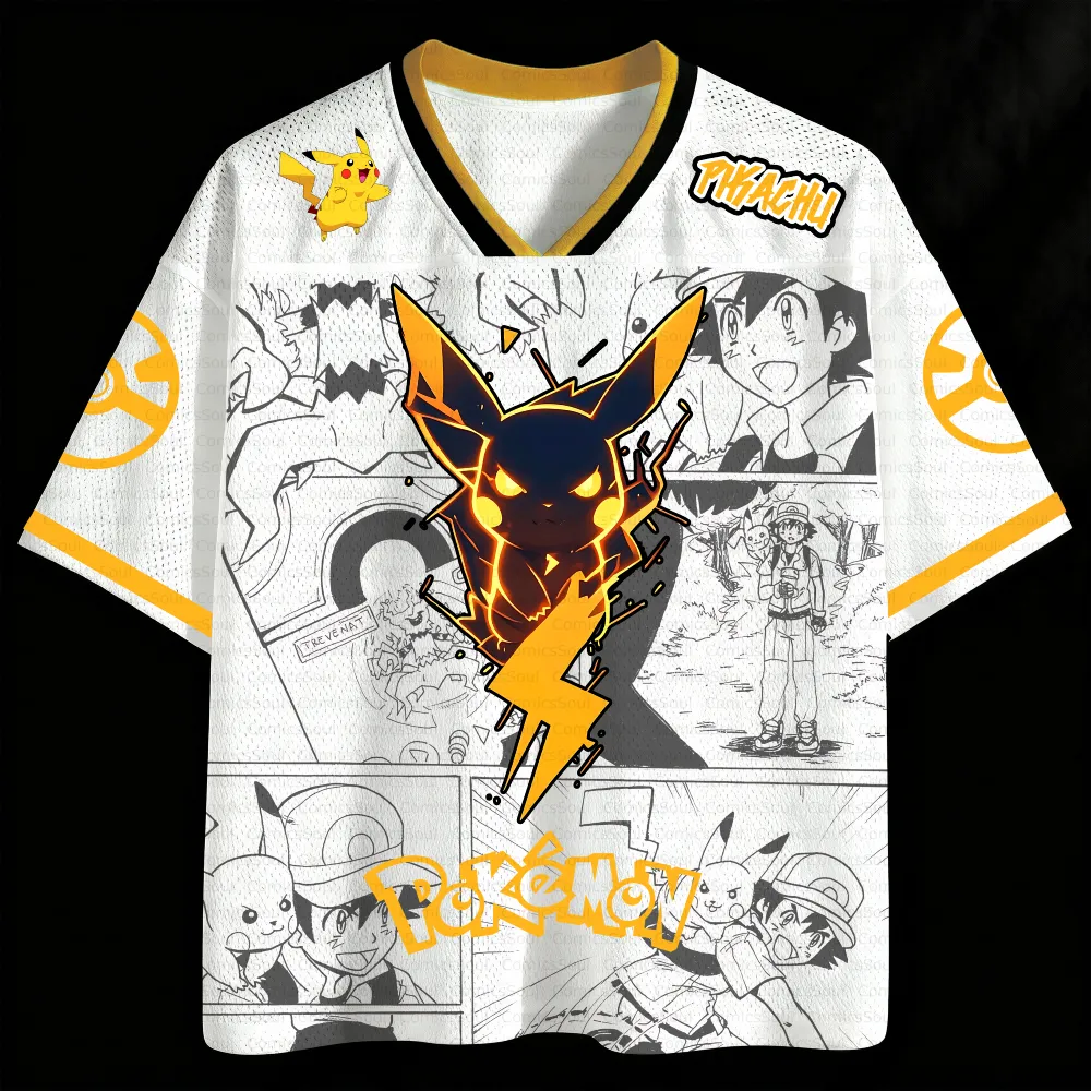 Pokémon Pikachu Ash Ketchum Football Jersey, Manga Panel Lightning Bolt Anime V-Neck Jersey Shirt, White and Yellow Sports Tee for Fans