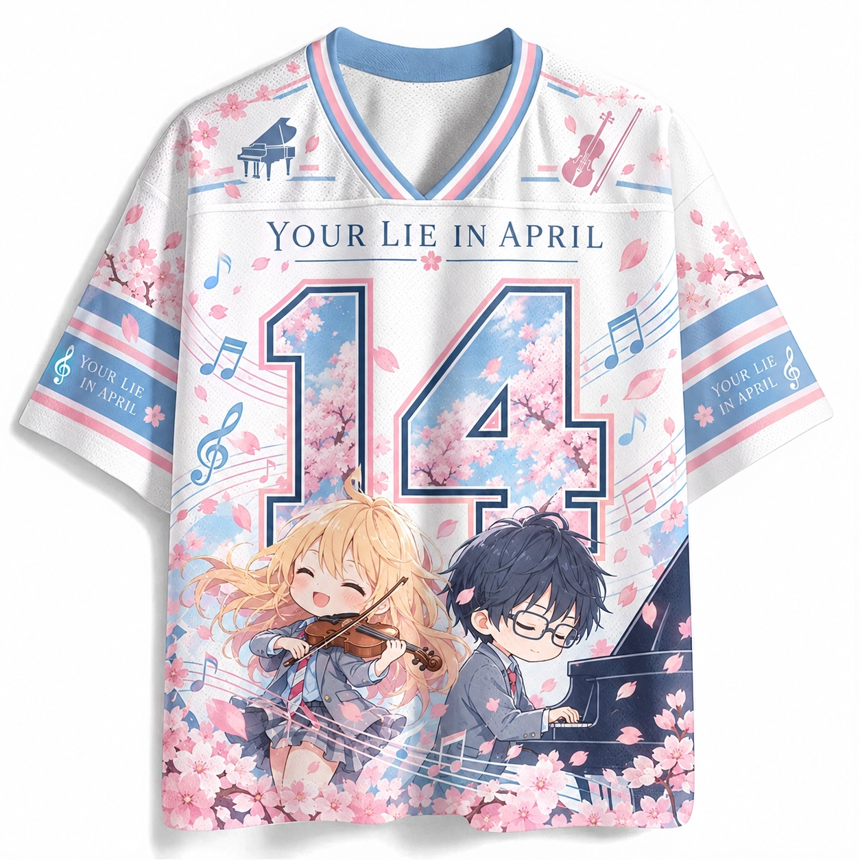 Your Lie in April Football Jersey, Kaori Miyazono and Kousei Arima Number 14 Pink Sakura Anime V-Neck Jersey Shirt, Violin and Piano Music Tee