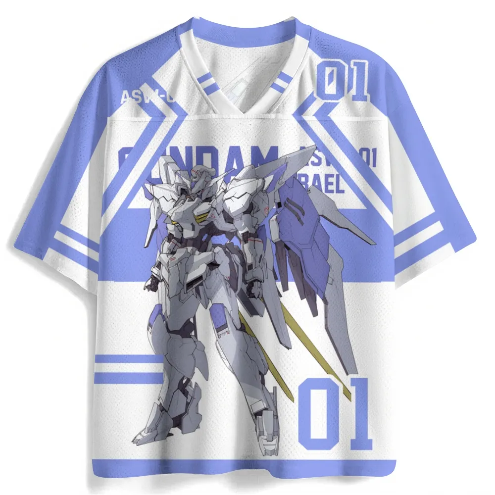 Mobile Suit Gundam Exia Football Jersey, Bael ASW-G-01 Number 01 Mecha Robot Anime V-Neck Jersey Shirt, White Periwinkle Blue Sports Tee