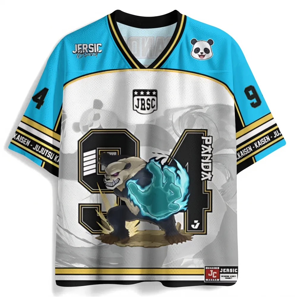 Jujutsu Kaisen Panda Football Jersey, Gorilla Mode Number 94 Anime V-Neck Jersey Shirt, Sky Blue White Black Gold Mesh Tee for JJK Fans