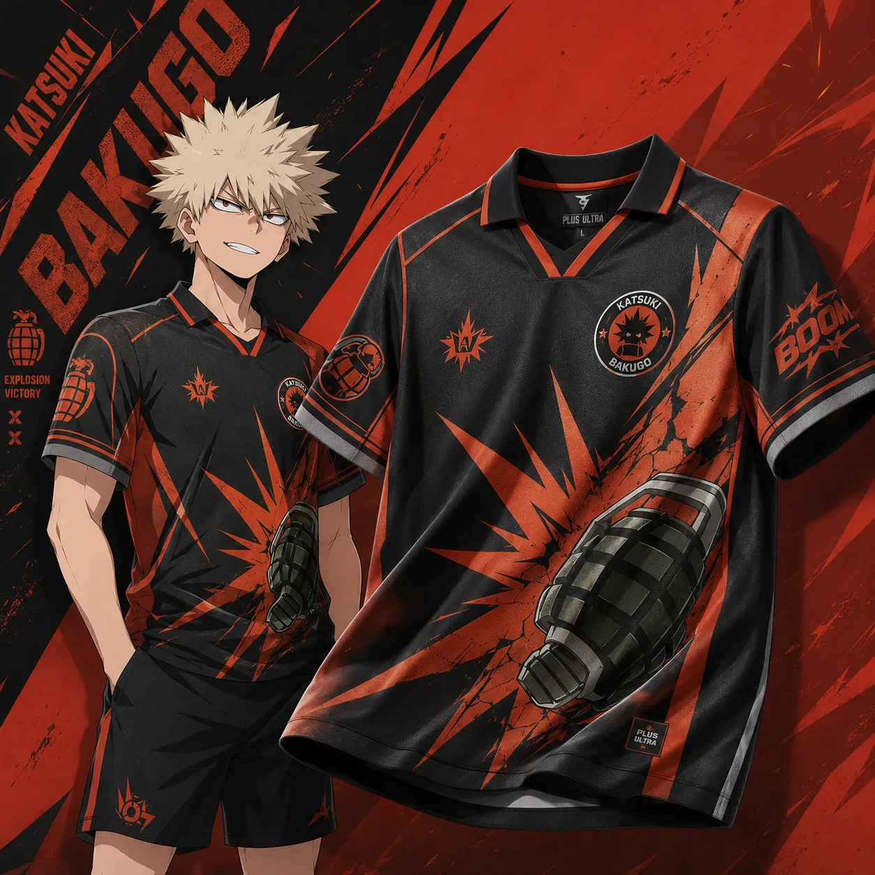 My Hero Academia Katsuki Bakugo Football Jersey, Black and Orange Explosion Collared Soccer Shirt, Plus Ultra Boom Anime Fan Kit Tee