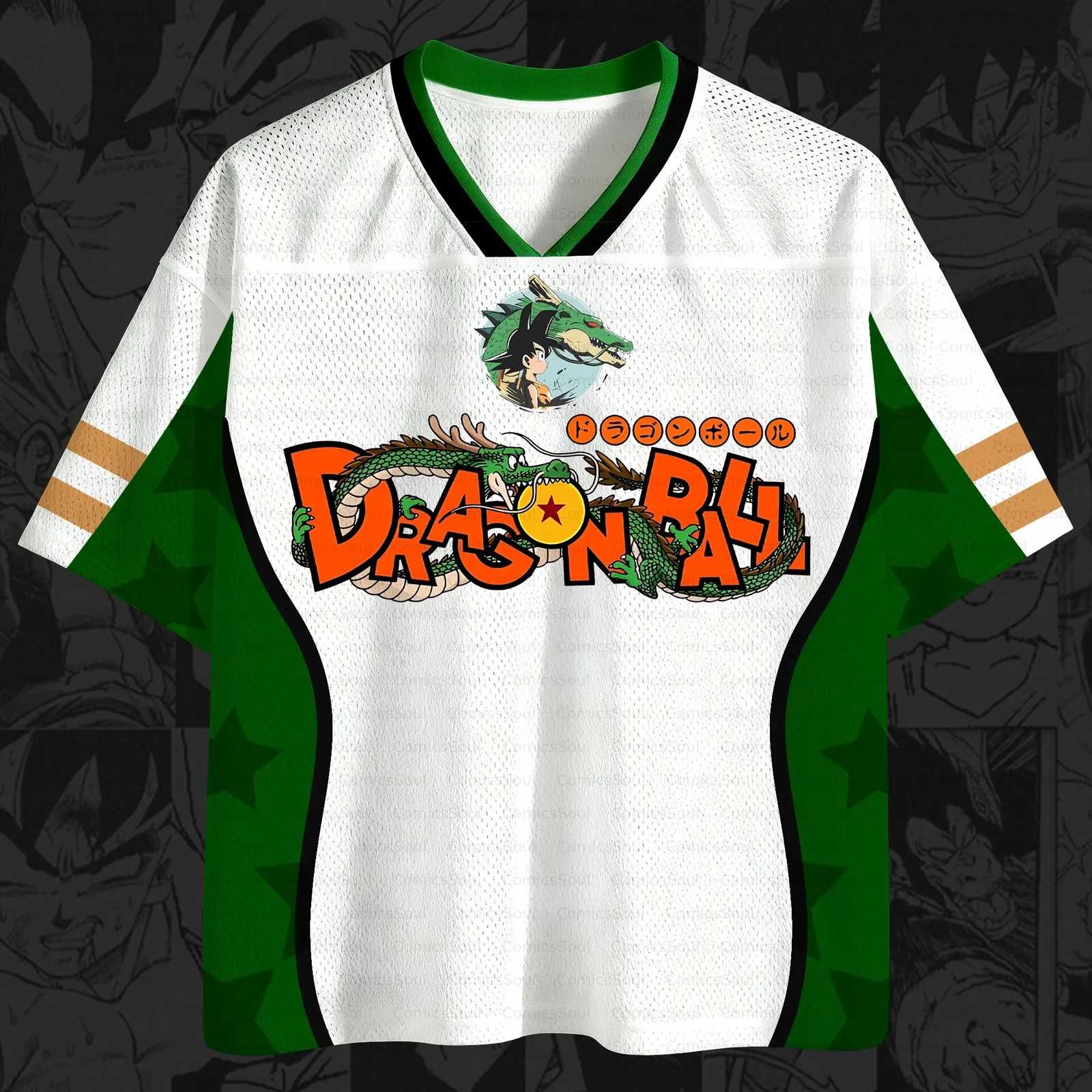 Dragon Ball Shenron Football Jersey, Eternal Wish Granting Serpent Seven Orbs Goku Classic Logo Anime V-Neck Jersey Shirt, White Green Orange Tee