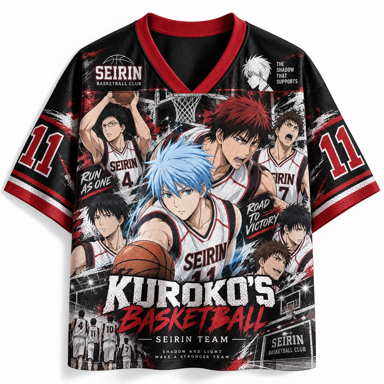 Kuroko's Basketball Seirin Football Jersey, Tetsuya Kuroko and Taiga Kagami Number 11 Black and Red Anime V-Neck Jersey Shirt, Kuroko no Basket