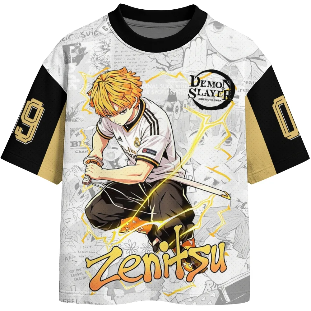 Demon Slayer Zenitsu Agatsuma Football Jersey, Real Madrid Style Number 09 Crew Neck Soccer Jersey Shirt, White Black Gold Manga Tee