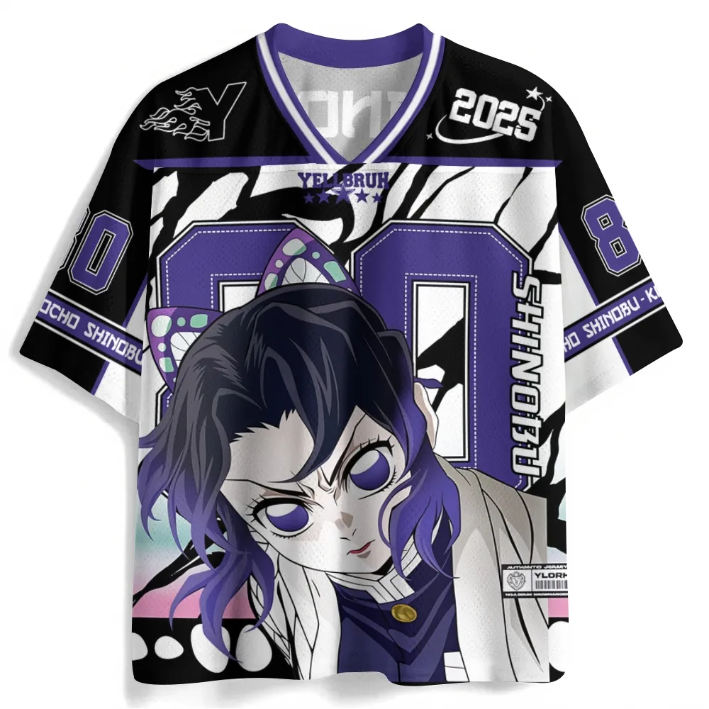 Demon Slayer Shinobu Kocho Football Jersey, Insect Hashira Number 80 Purple Black and White Anime V-Neck Jersey Shirt, Butterfly Pillar Tee
