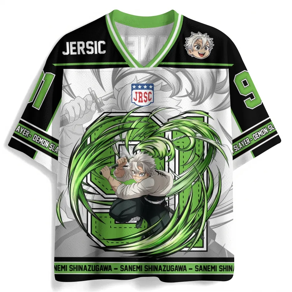 Demon Slayer Sanemi Shinazugawa Football Jersey, Wind Hashira Number 91 Anime V-Neck Jersey Shirt, Black White Lime Green Sports Tee